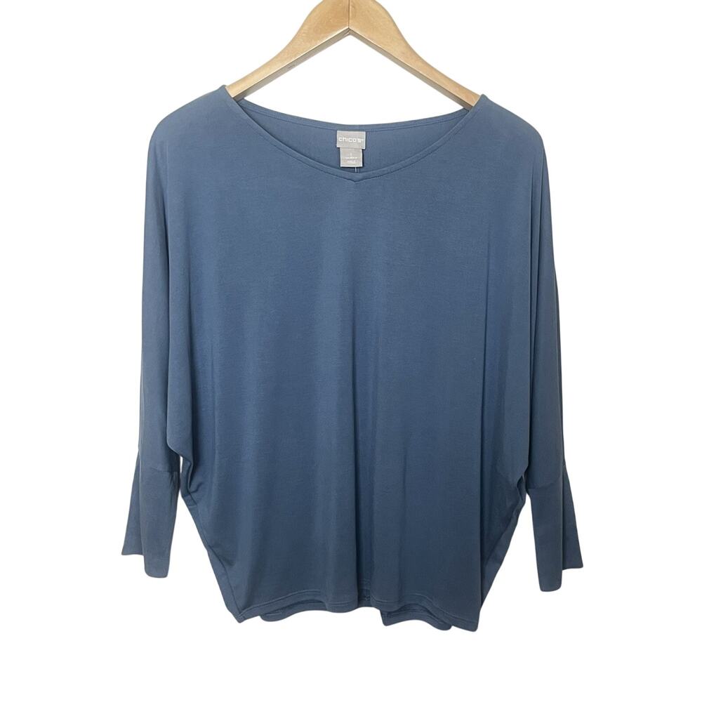 Chico’s Dolman Sleeve V Neck Knit Shirt Size 1 (Medium) Blue Casual Coastal NWT